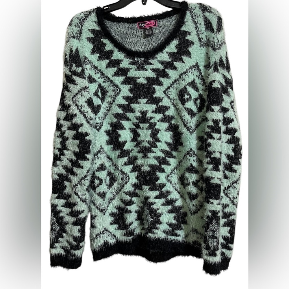 Say What? Mint and Black Fuzzy Aztec Pullover Sweater Size XL Soft & Cozy